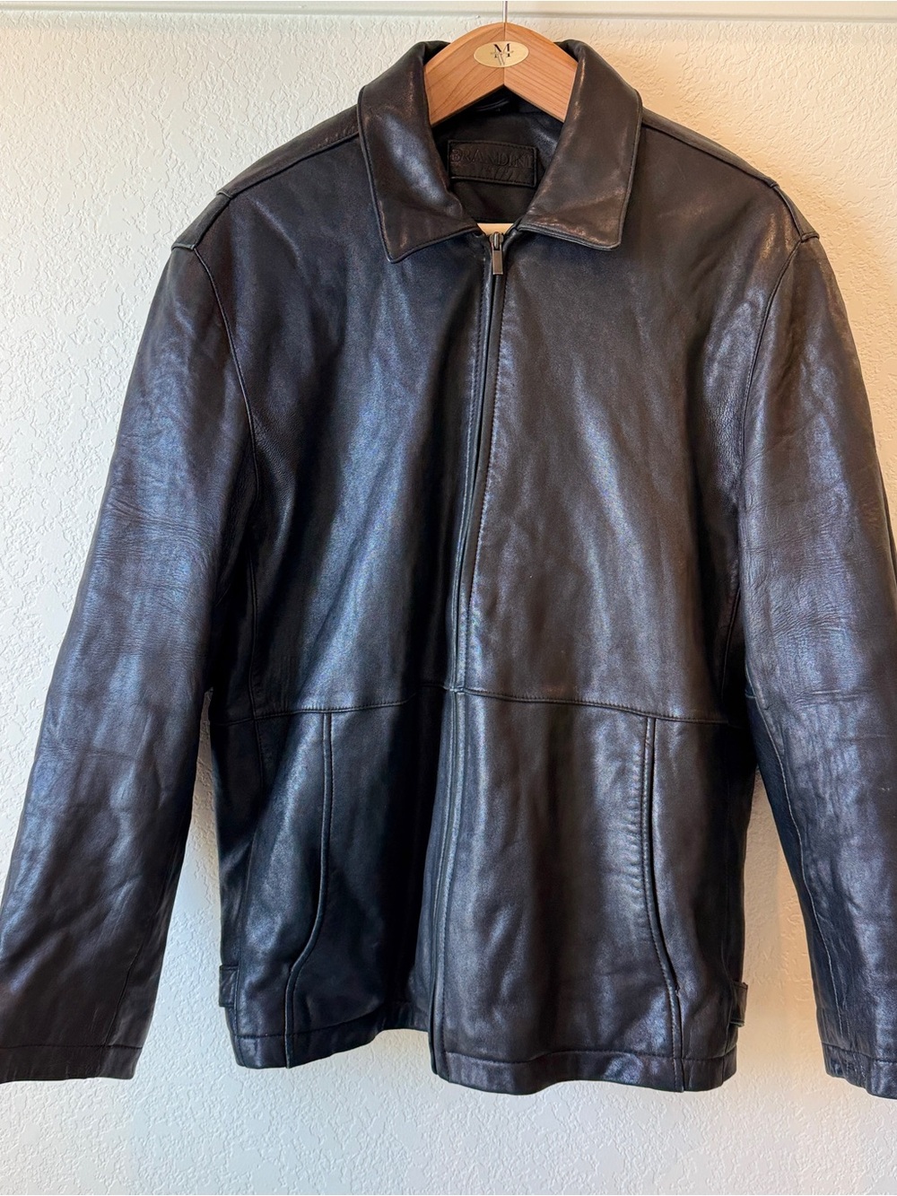 Men's Black Leather Bomber Jacket - Smooth Zip Front